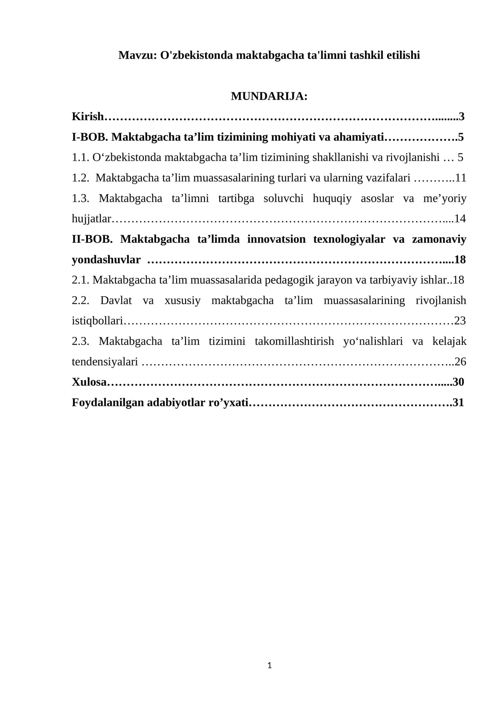 O'zbekistonda maktabgacha ta'limni tashkil etilishi.