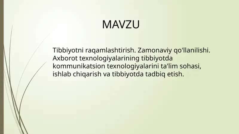 Tibbiyotni raqamlashtirish. Zamonaviy qo'llanilishi. Axborot texnologiyalarining tibbiyotda kommunikatsion texnologiyalarini ta'lim sohasi, ishlab chiqarish va tibbiyotda tadbiq etish