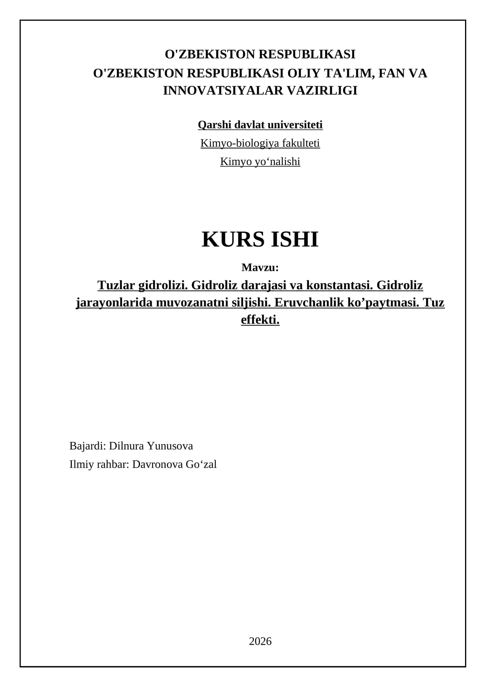 Tuzlar gidrolizi. Gidroliz darajasi va konstantasi. Gidroliz jarayonlarida muvozanatni siljishi. Eruvchanlik ko’paytmasi. Tuz effekti