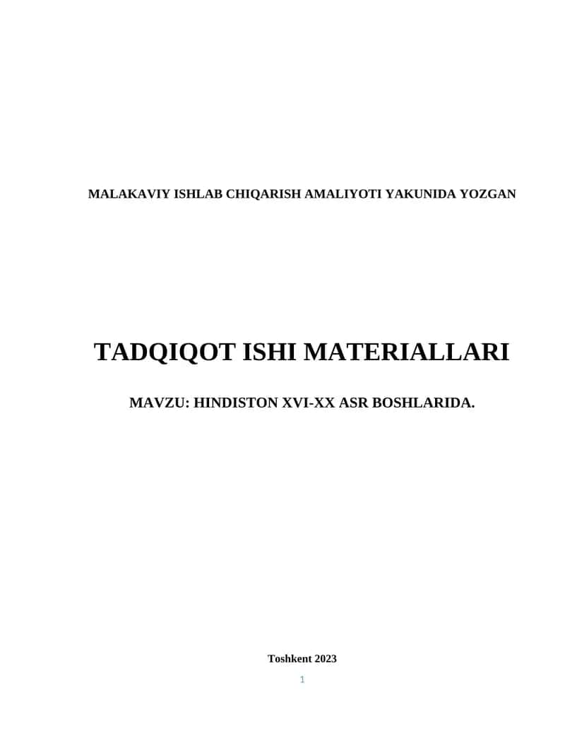 MALAKAVIY ISHLAB CHIQARISH AMALIYOTI YAKUNIDA YOZGAN TADQIQOT ISHI MATERIALLARI - HINDISTON XVI-XX ASR BOSHLARIDA