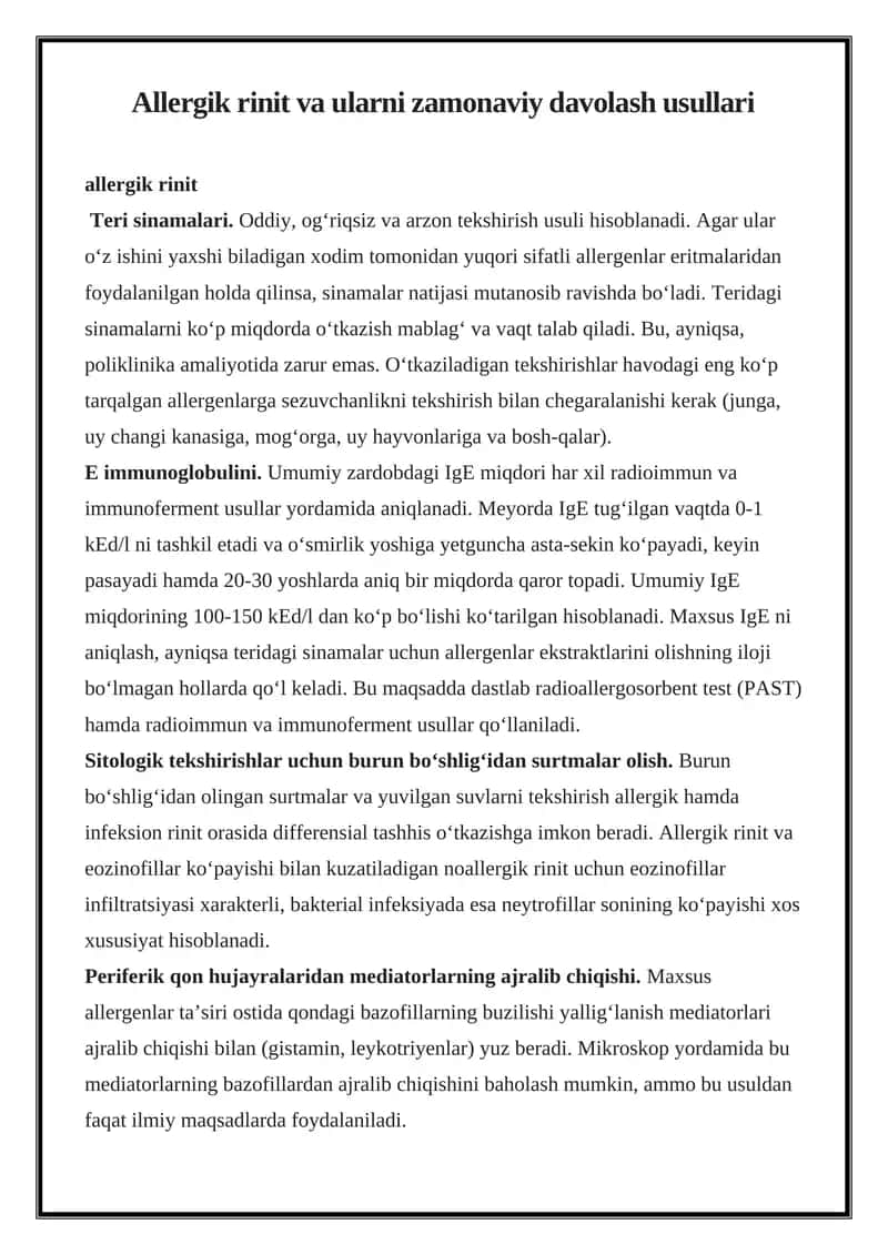 Allergik rinit va ularni zamonaviy davolash usullari