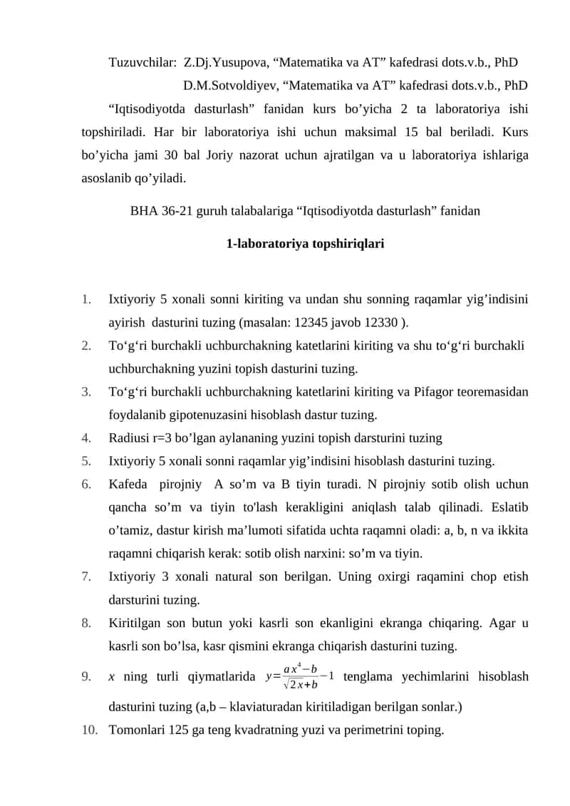 "Iqtisodiyotda dasturlash" kursi