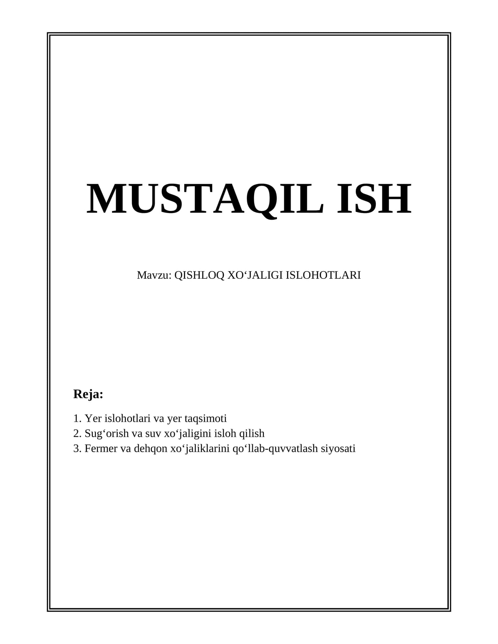 QISHLOQ XOʻJALIGI ISLOHOTLARI
