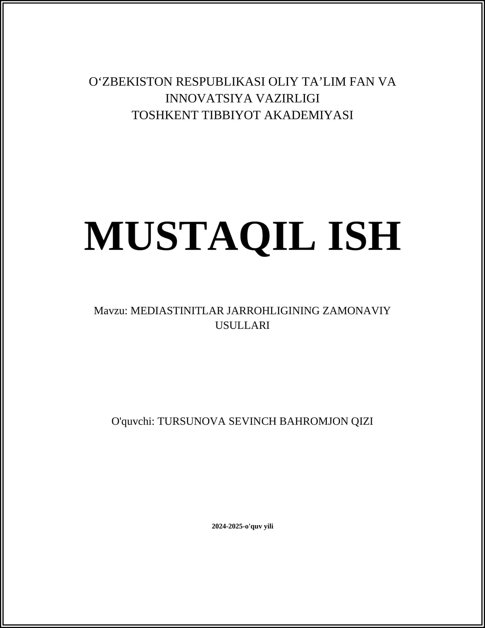 MEDIASTINITLAR JARROHLIGINING ZAMONAVIY USULLARI