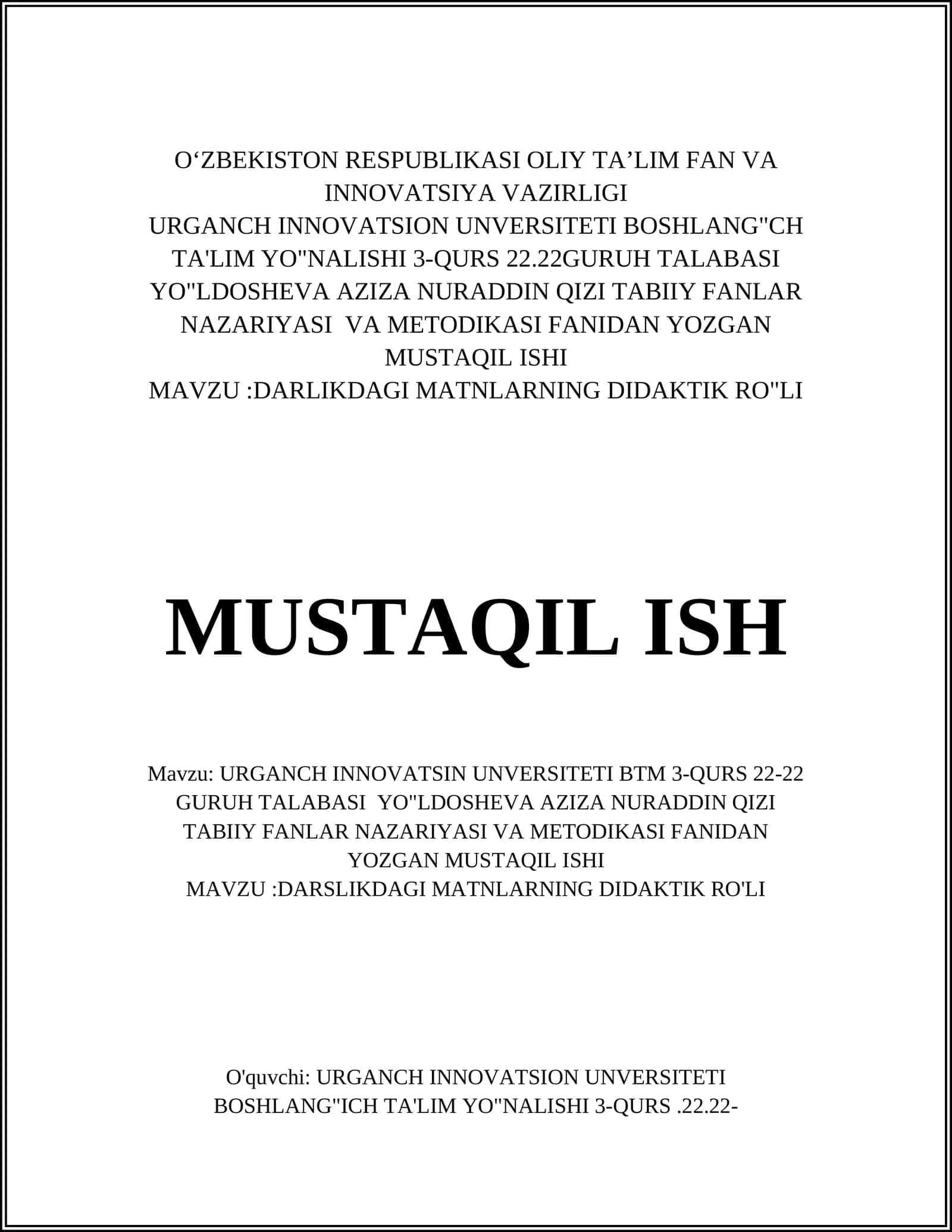 DARSLIKDAGI MATNLARNING DIDAKTIK RO"LI
