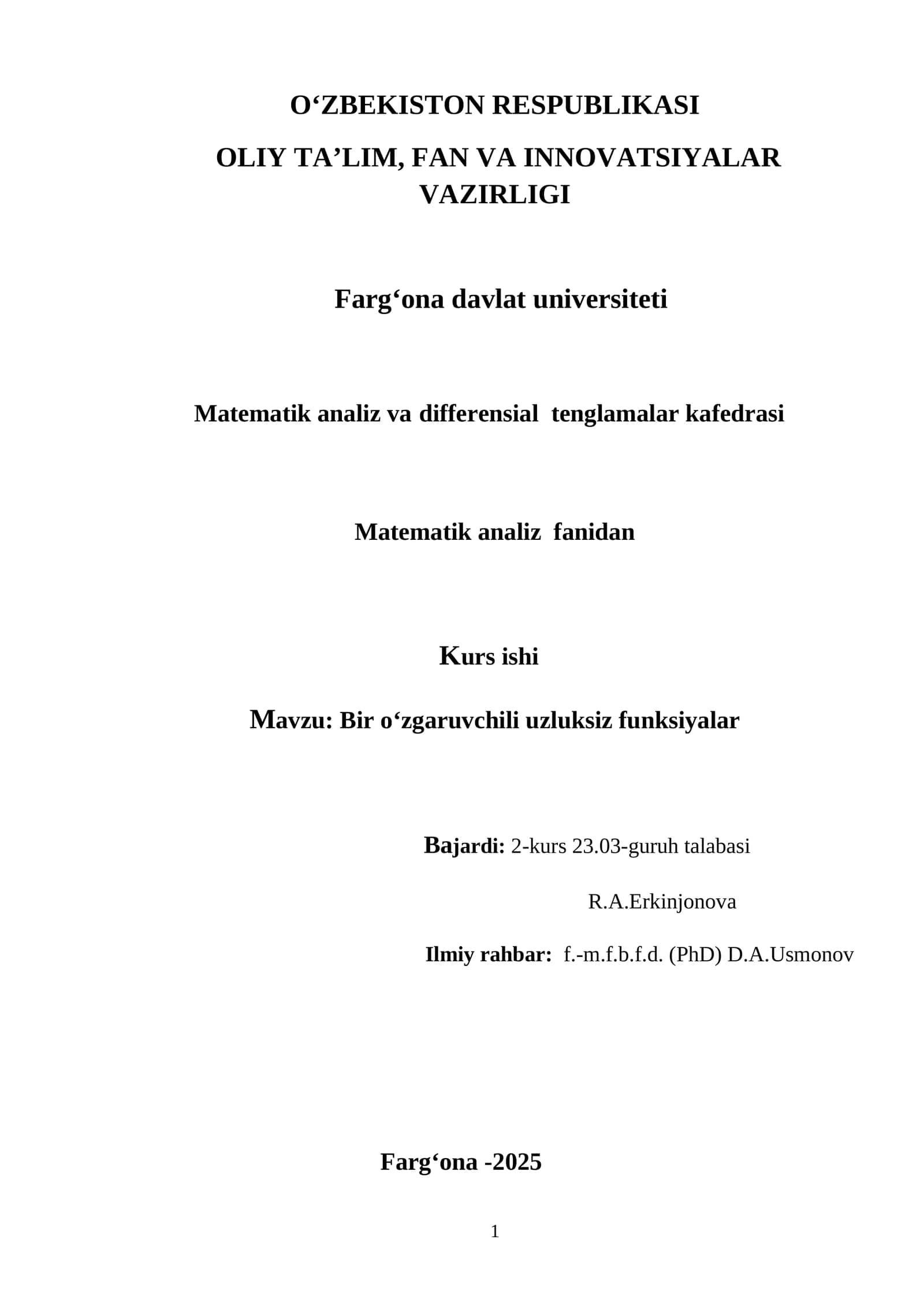 Bir o‘zgaruvchili uzluksiz funksiyalar kurs ishi