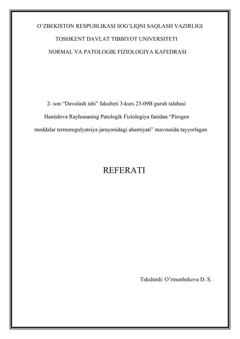 Pirogen moddalar termoregulyatsiya jarayonidagi ahamiyati