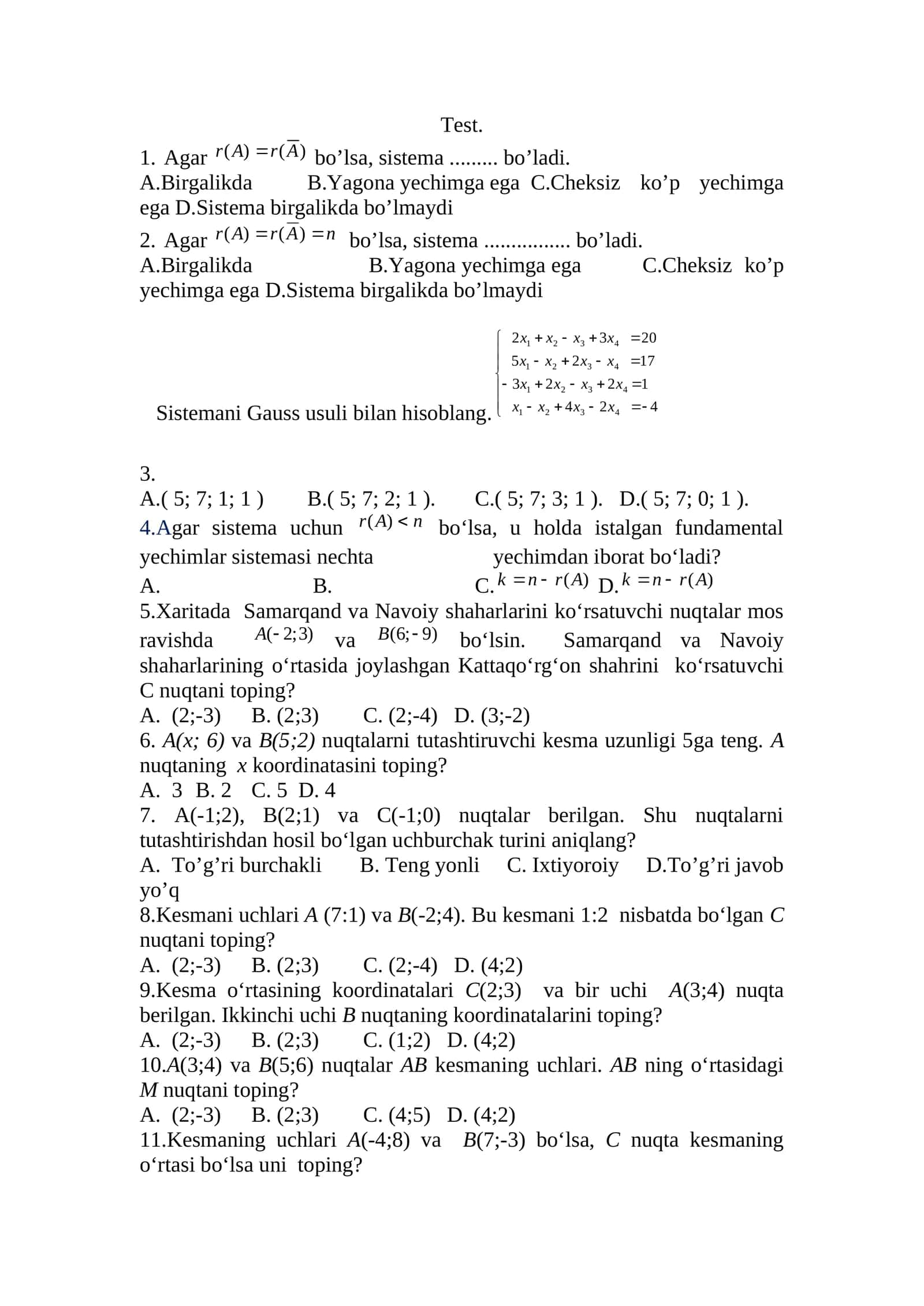 Oliy matematika fanidan test savollari javoblari bilan birga