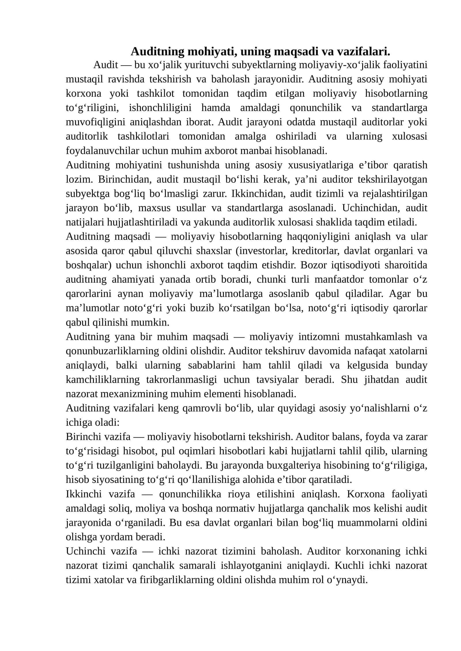 Auditning mohiyati, uning maqsadi va vazifalari