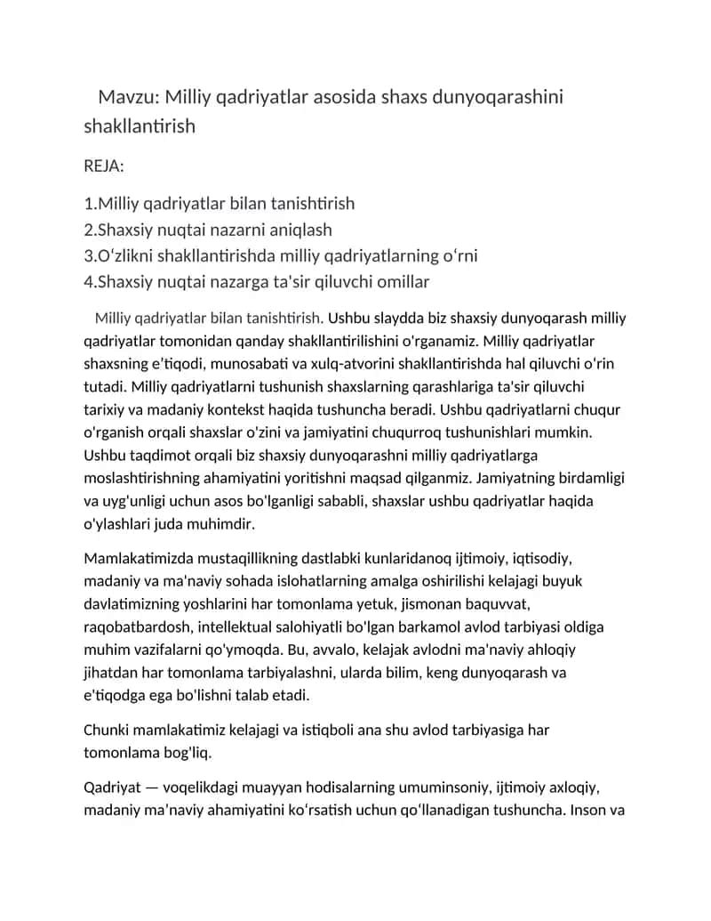 Milliy qadriyatlar asosida shaxs dunyoqarashini shakllantirish