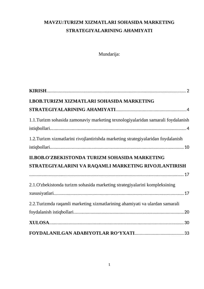 TURIZM XIZMATLARI SOHASIDA MARKETING STRATEGIYALARINING AHAMIYATI