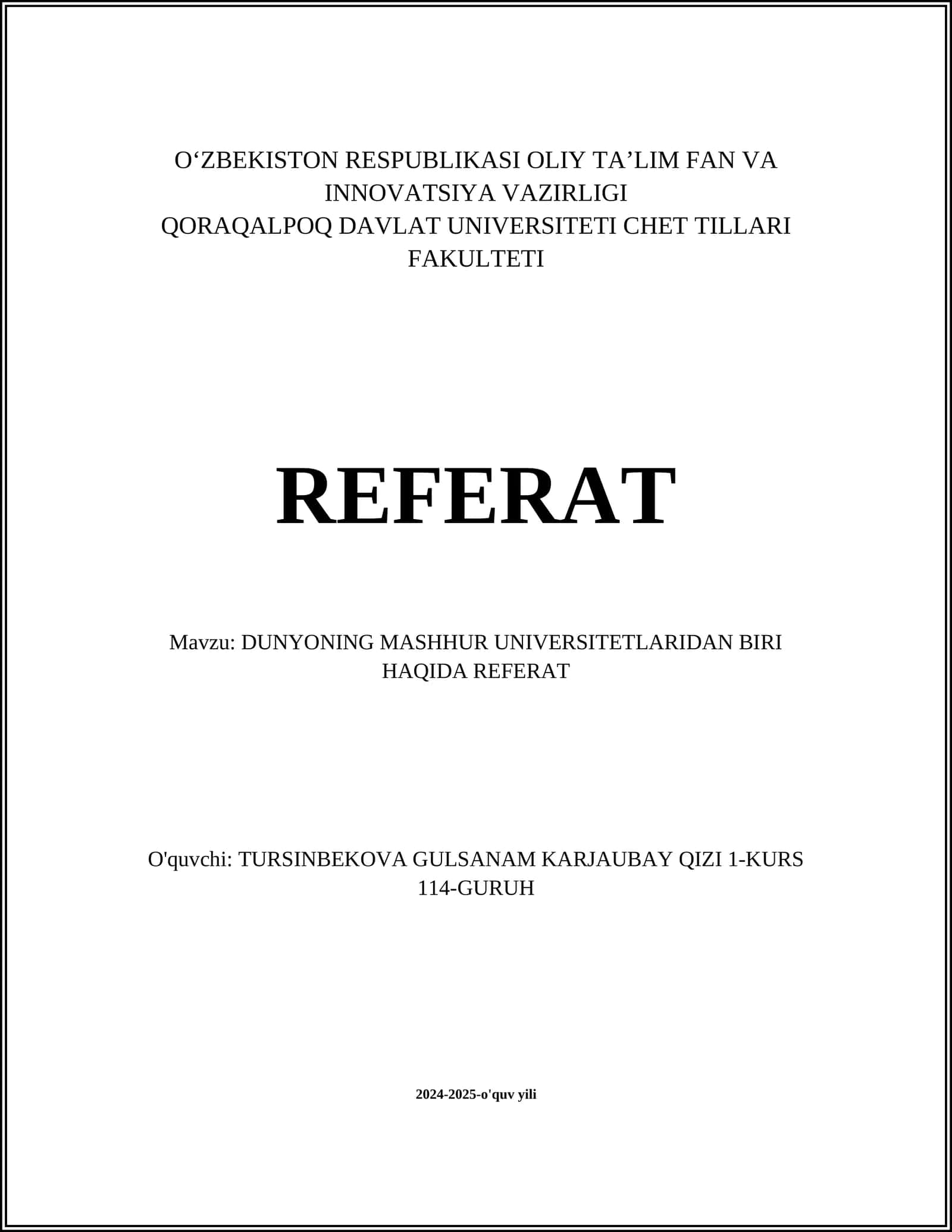 DUNYONING MASHHUR UNIVERSITETLARIDAN BIRI HAQIDA REFERAT