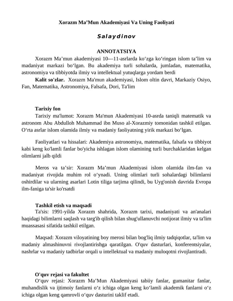 Xorazm MaʼMun Akademiyasi Va Uning Faoliyati