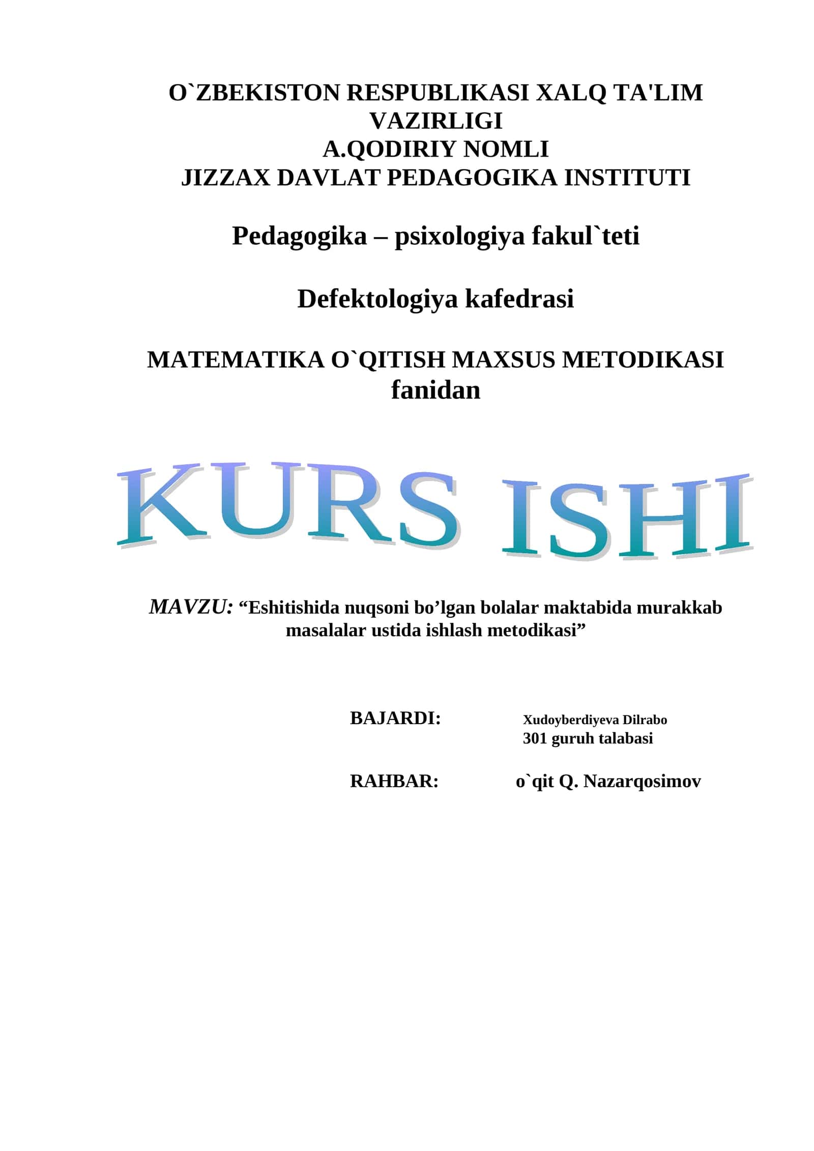 MATEMATIKA O`QITISH MAXSUS METODIKASI