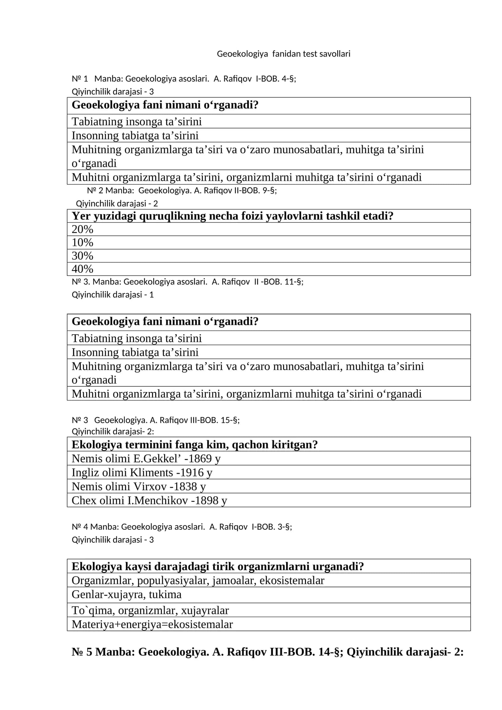 Geoekologiya fanidan test savollari