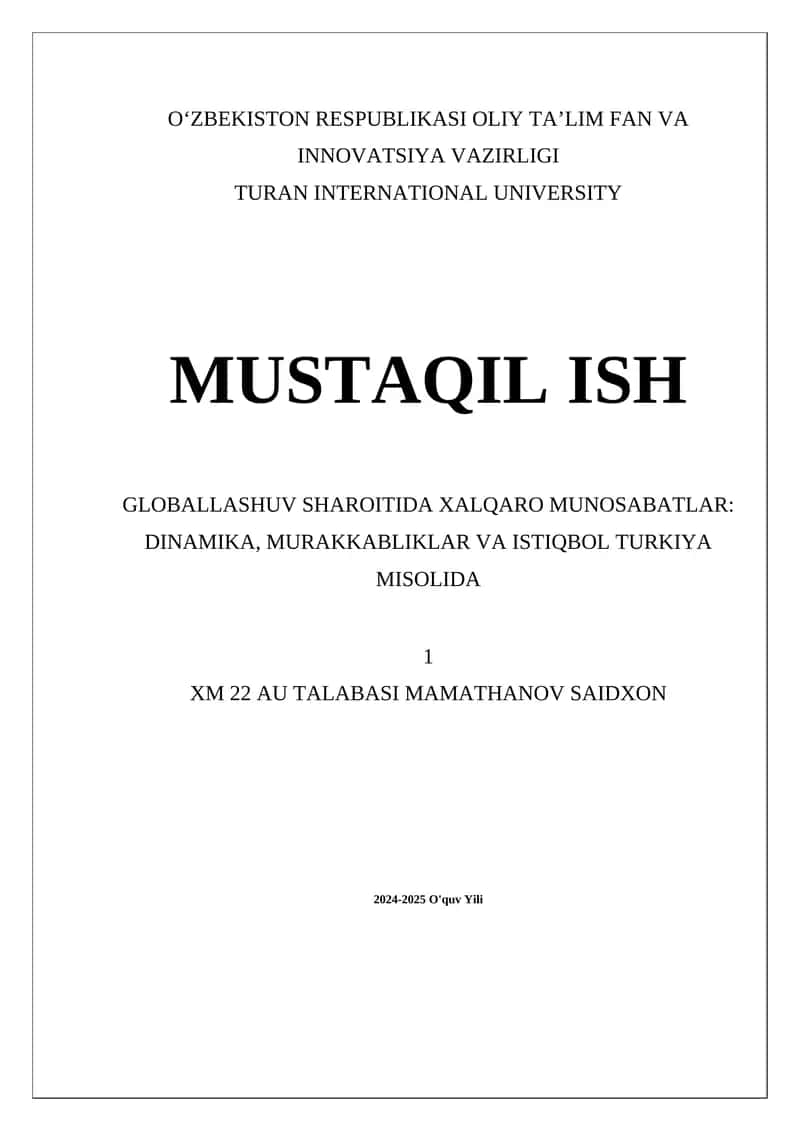 Globallashuv va xalqaro munosabatlarning asosiy konseptlari