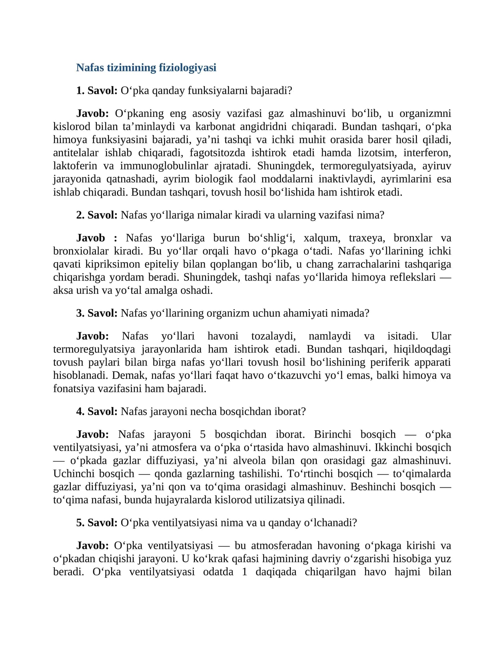 Nafas tizimining fiziologiyasi