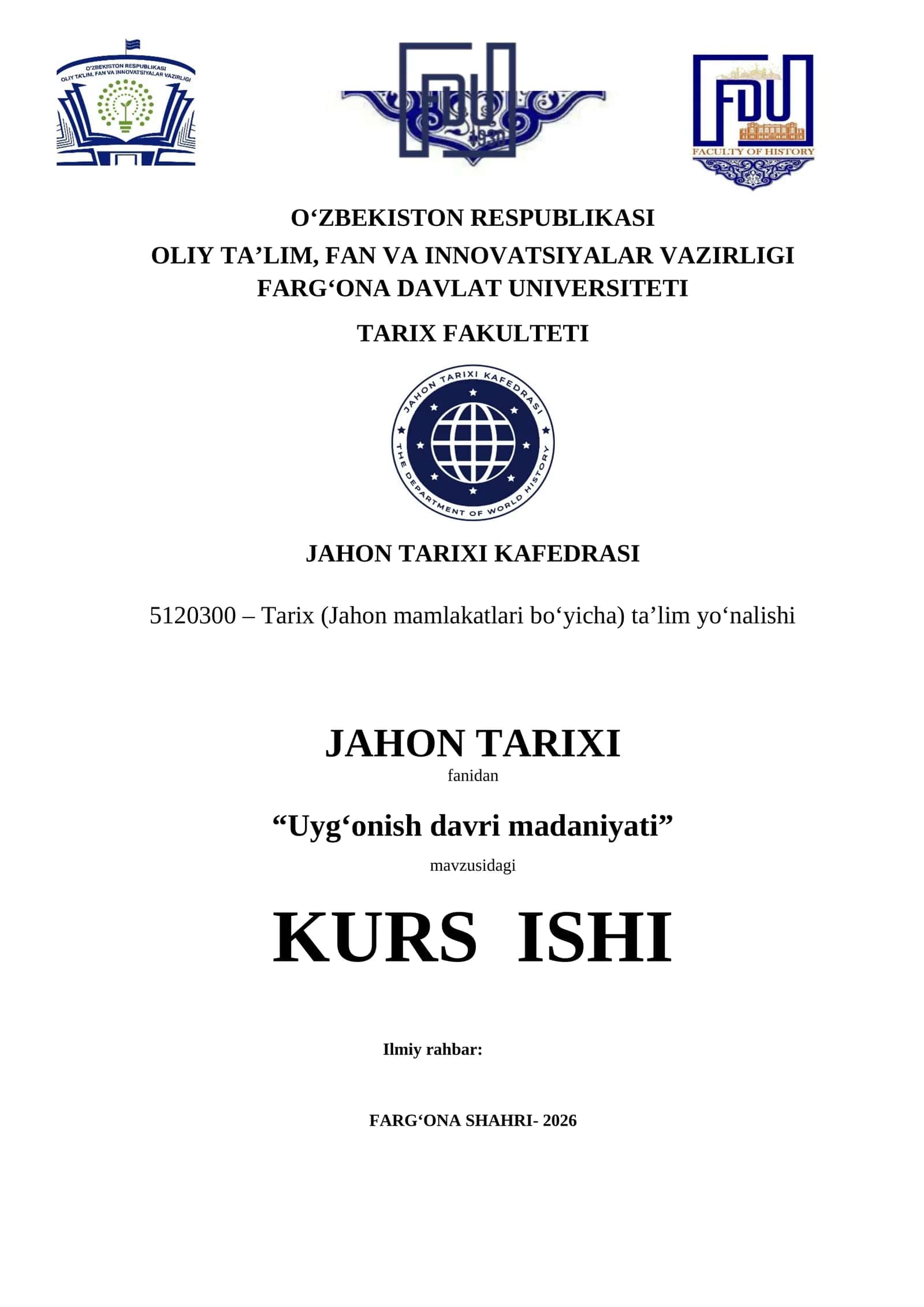 Uyg‘onish davri madaniyati KURS ISHI 2026 YIL