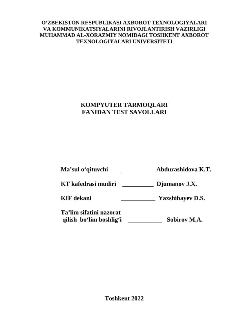 KOMPYUTER TARMOQLARI FANIDAN TEST SAVOLLARI