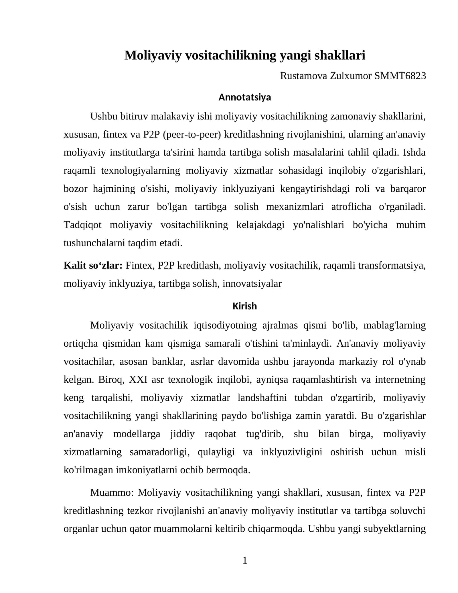 Moliyaviy vositachilikning yangi shakllari