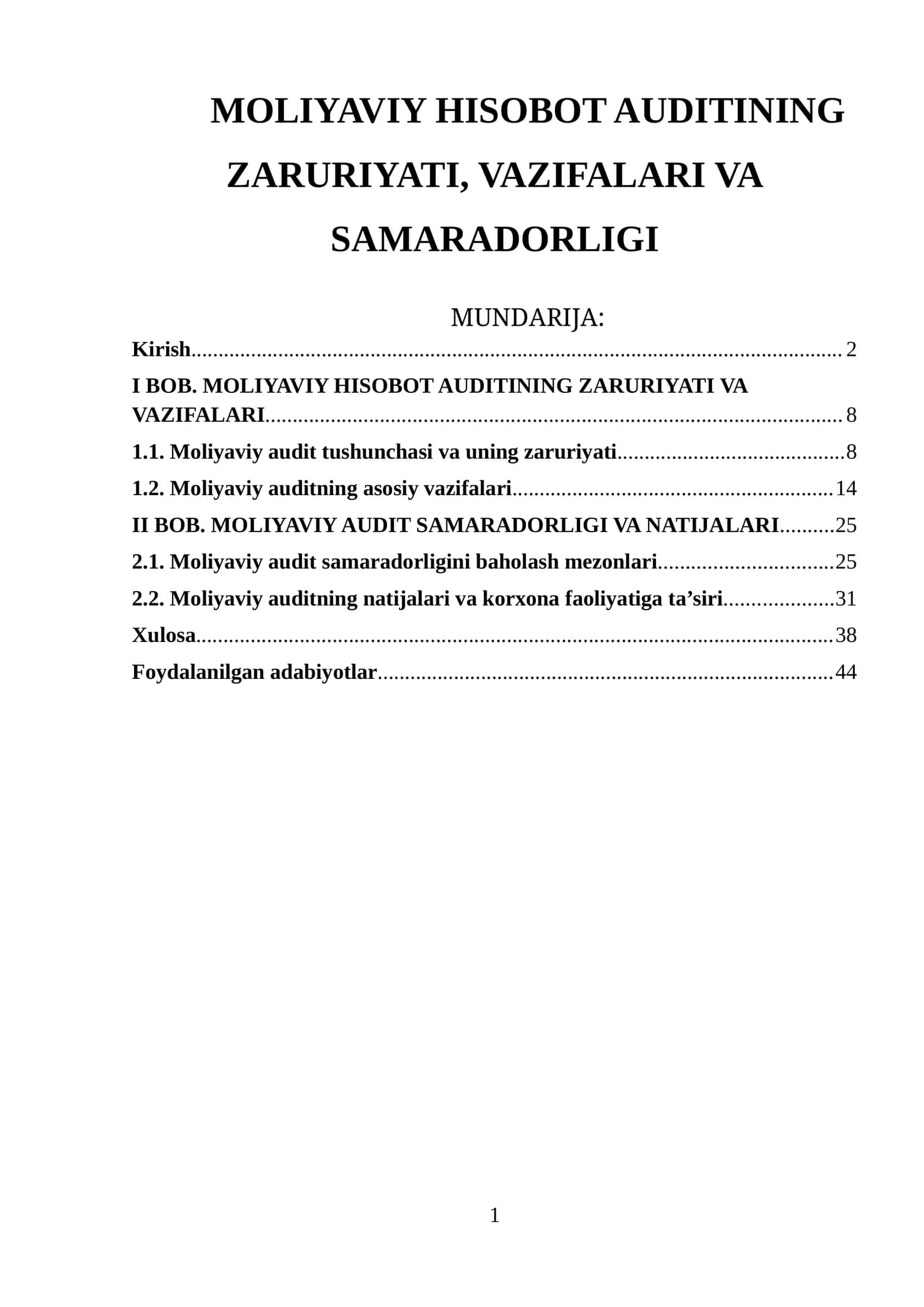 MOLIYAVIY HISOBOT AUDITINING ZARURIYATI, VAZIFALARI VA SAMARADORLIGI