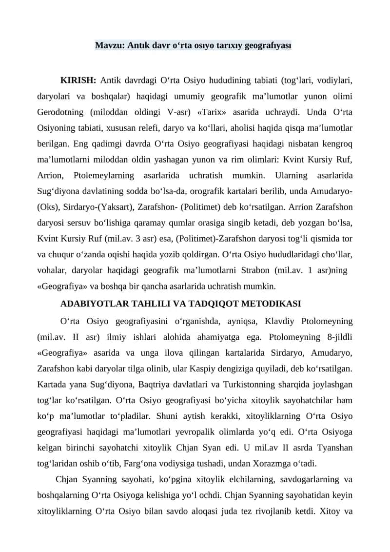 Antık davr o‘rta osıyo tarıxıy geografıyası
