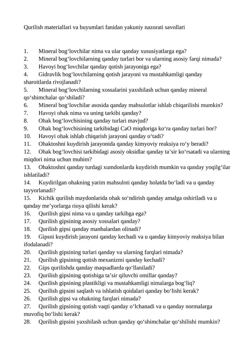 Qurilish materiallari va buyumlari fanidan yakuniy nazorati savollari