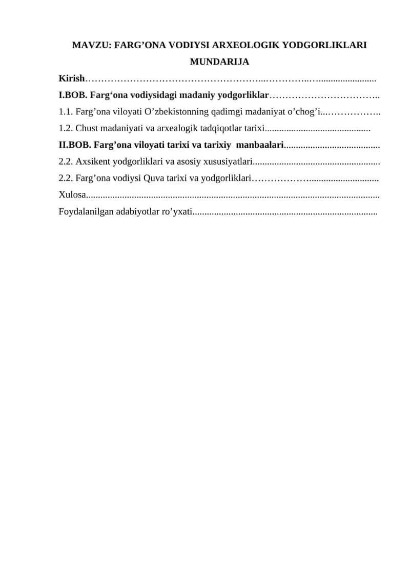 FARG’ONA VODIYSI ARXEOLOGIK YODGORLIKLARI