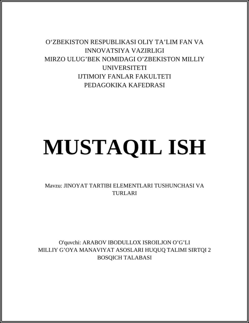 JINOYAT TARTIBI ELEMENTLARI TUSHUNCHASI VA TURLARI