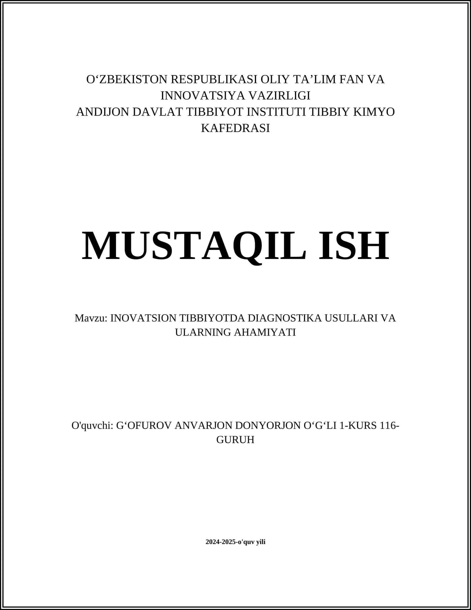 INOVATSION TIBBIYOTDA DIAGNOSTIKA USULLARI VA ULARNING AHAMIYATI