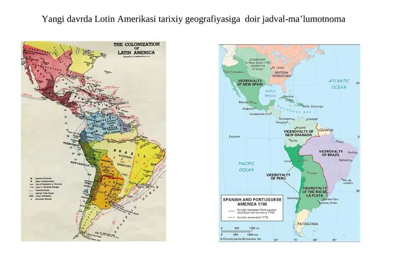 Yangi davrda Lotin Amerikasi tarixiy geografiyasiga doir jadval-ma’lumotnoma
