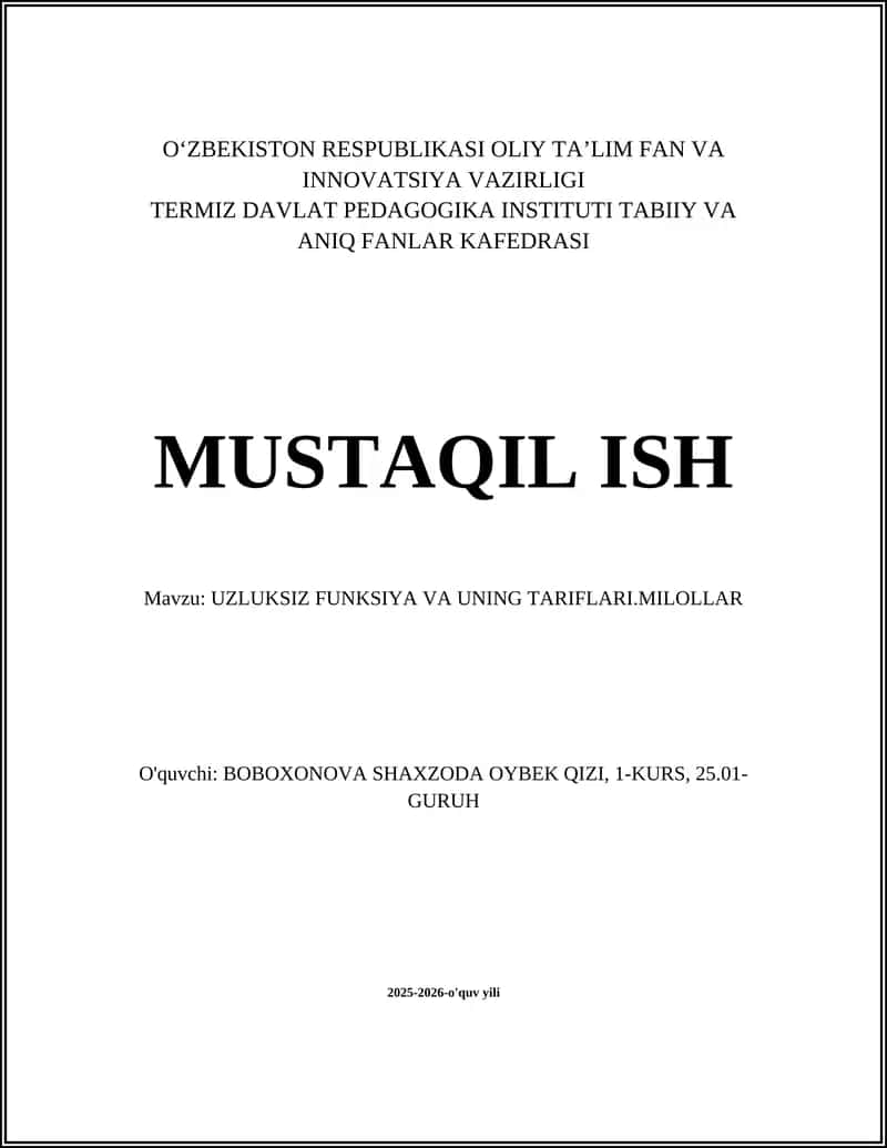 UZLUKSIZ FUNKSIYA VA UNING TARIFLARI.MILOLLAR