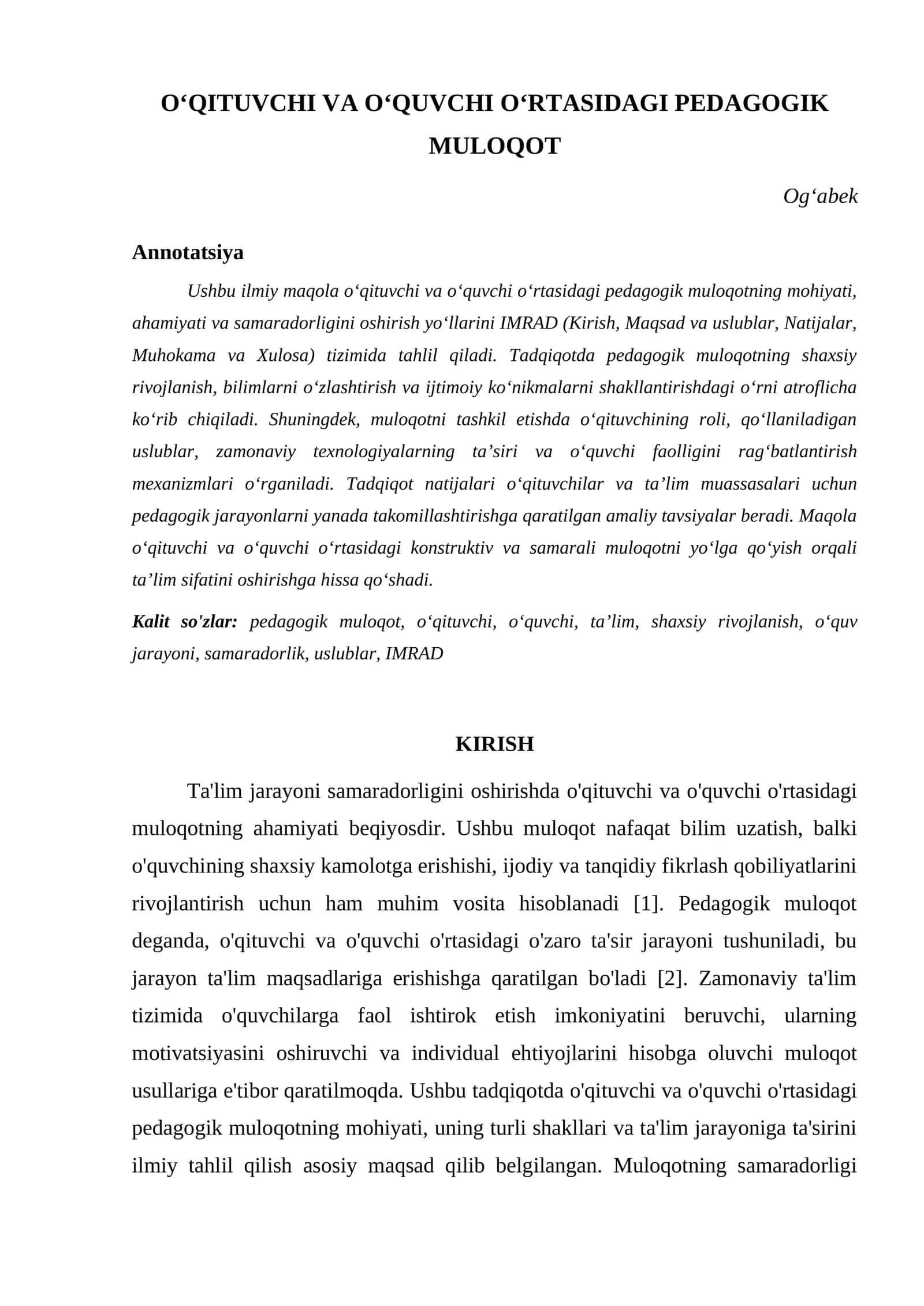 OʻQITUVCHI VA OʻQUVCHI OʻRTASIDAGI PEDAGOGIK MULOQOT