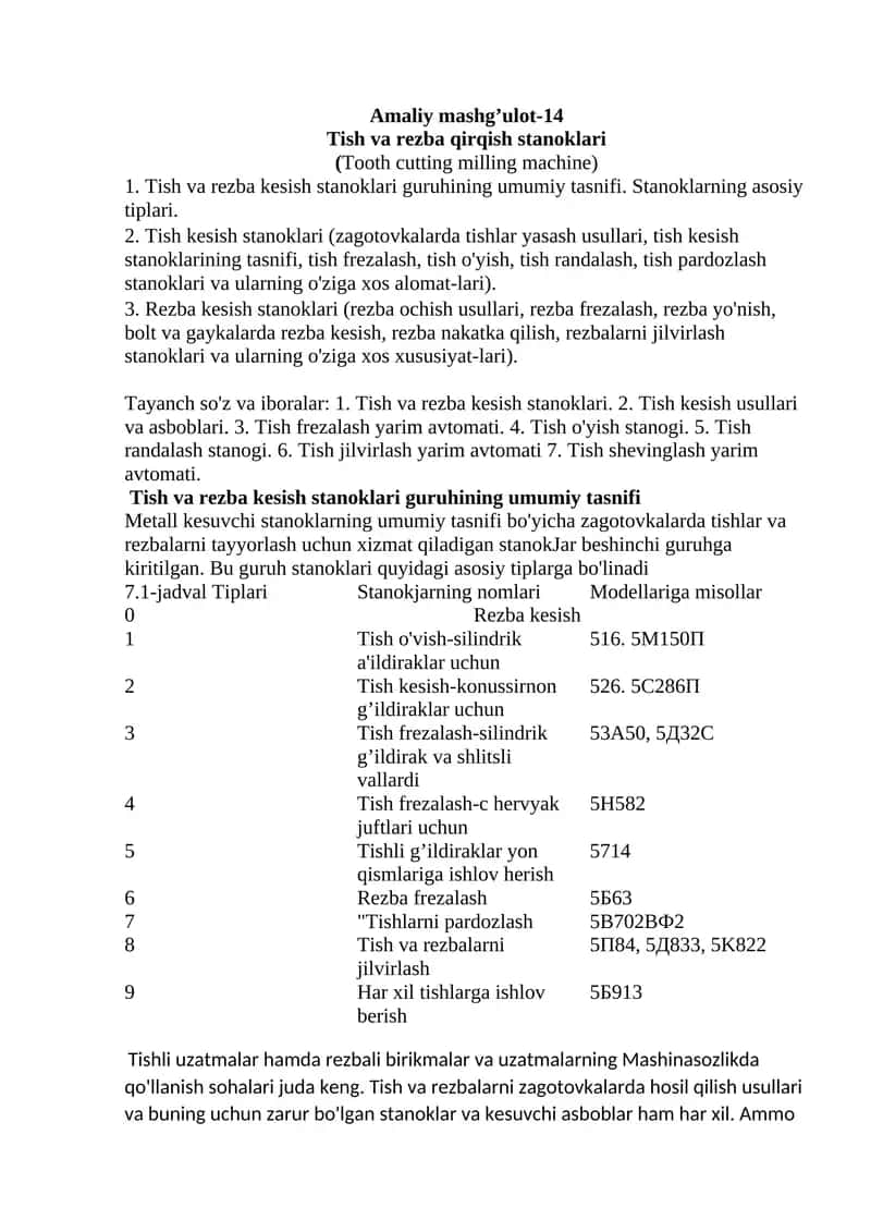 Tish va rezba qirqish stanoklari