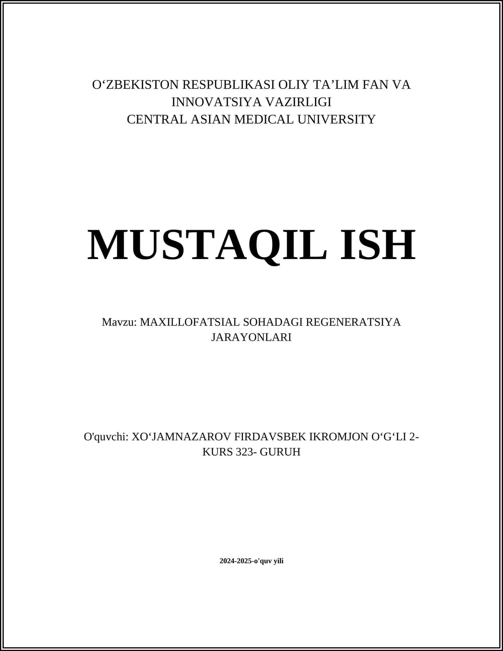 MAXILLOFATSIAL SOHADAGI REGENERATSIYA JARAYONLARI