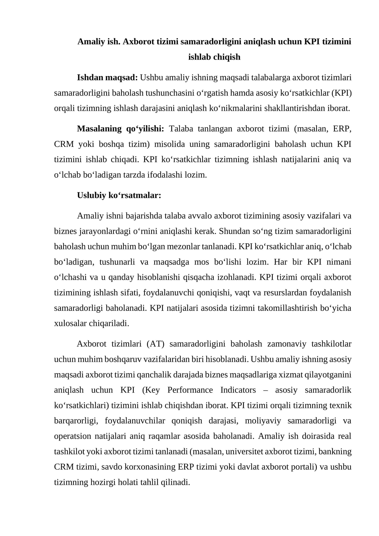 Amaliy ish. Axborot tizimi samaradorligini aniqlash uchun KPI tizimini ishlab chiqish
