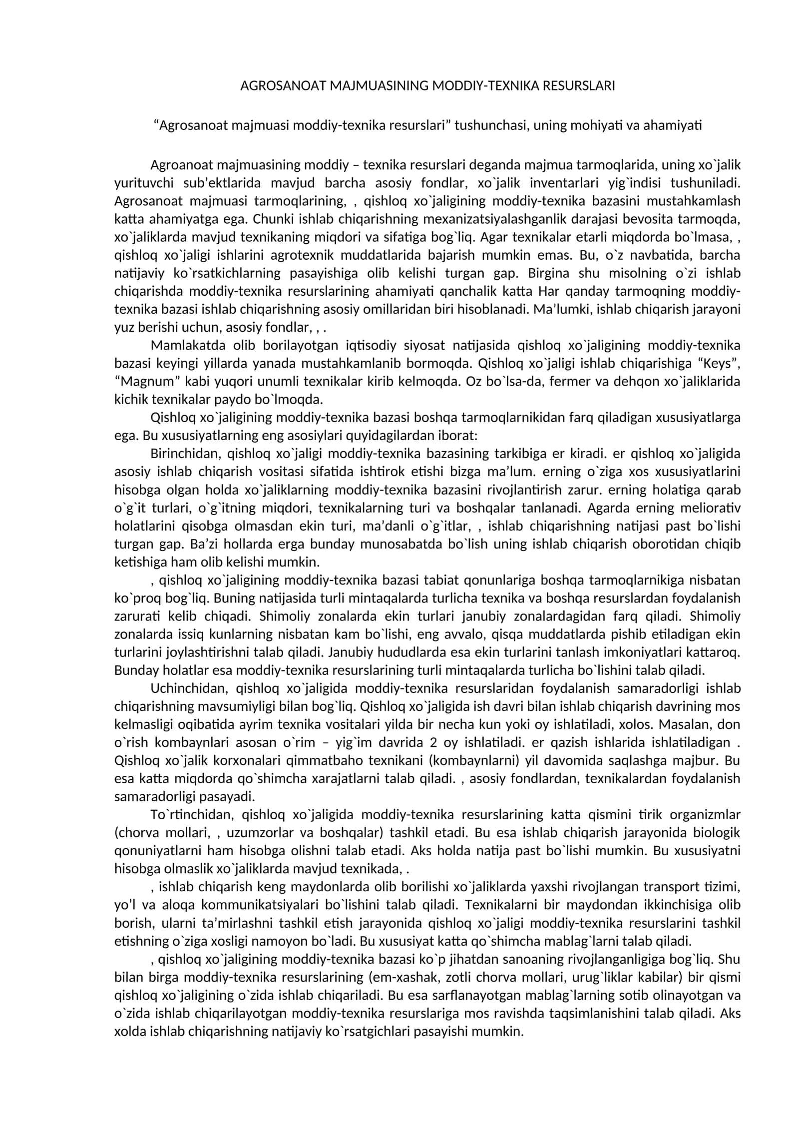 Agrosanoat majmuasi moddiy-tеxnika rеsurslari