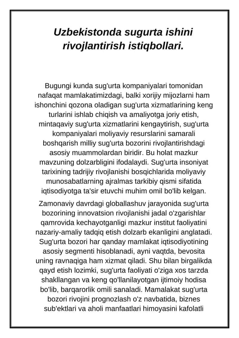 Sug'urta bozoriining rivojlanishi