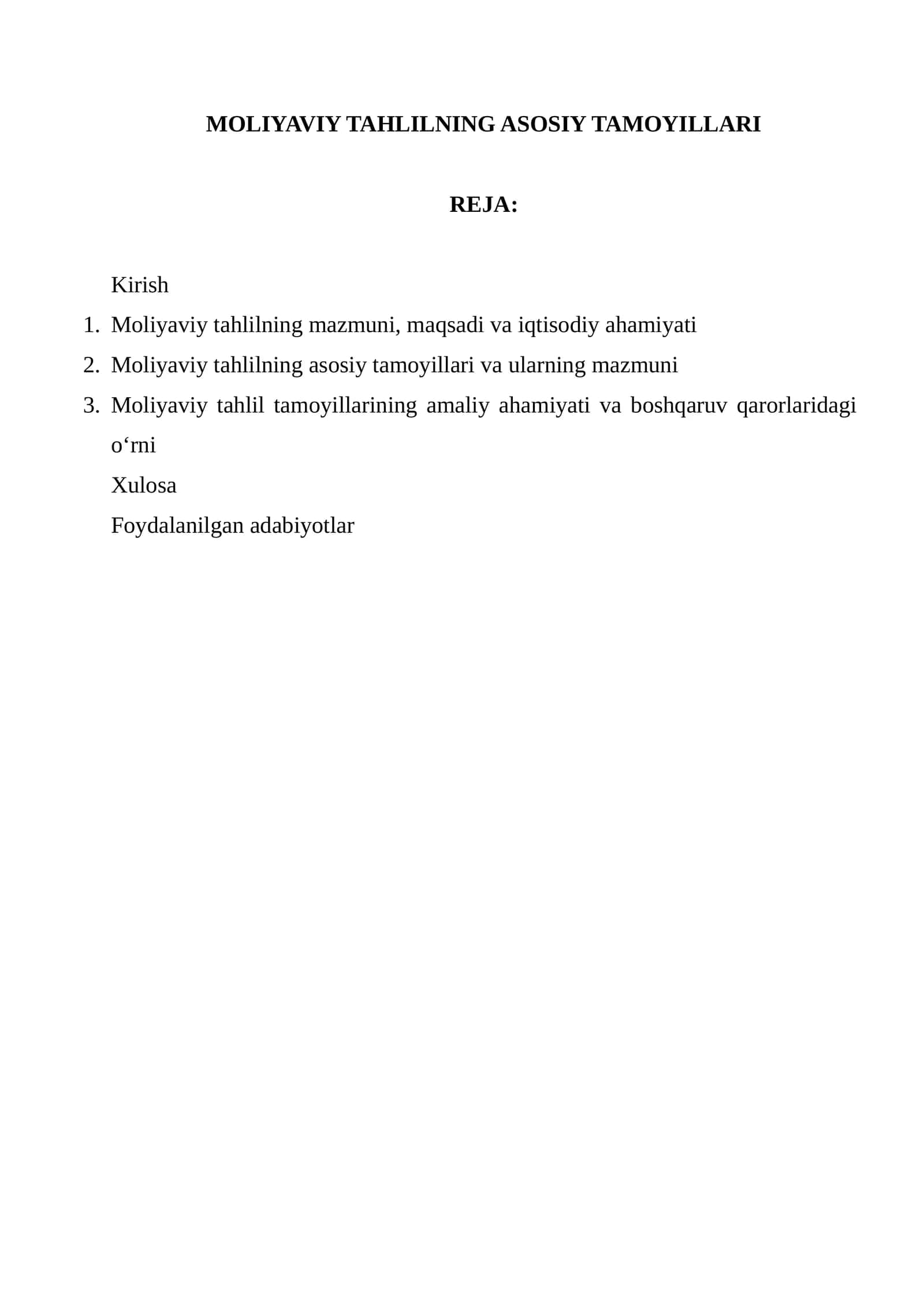 MOLIYAVIY TAHLILNING ASOSIY TAMOYILLARI