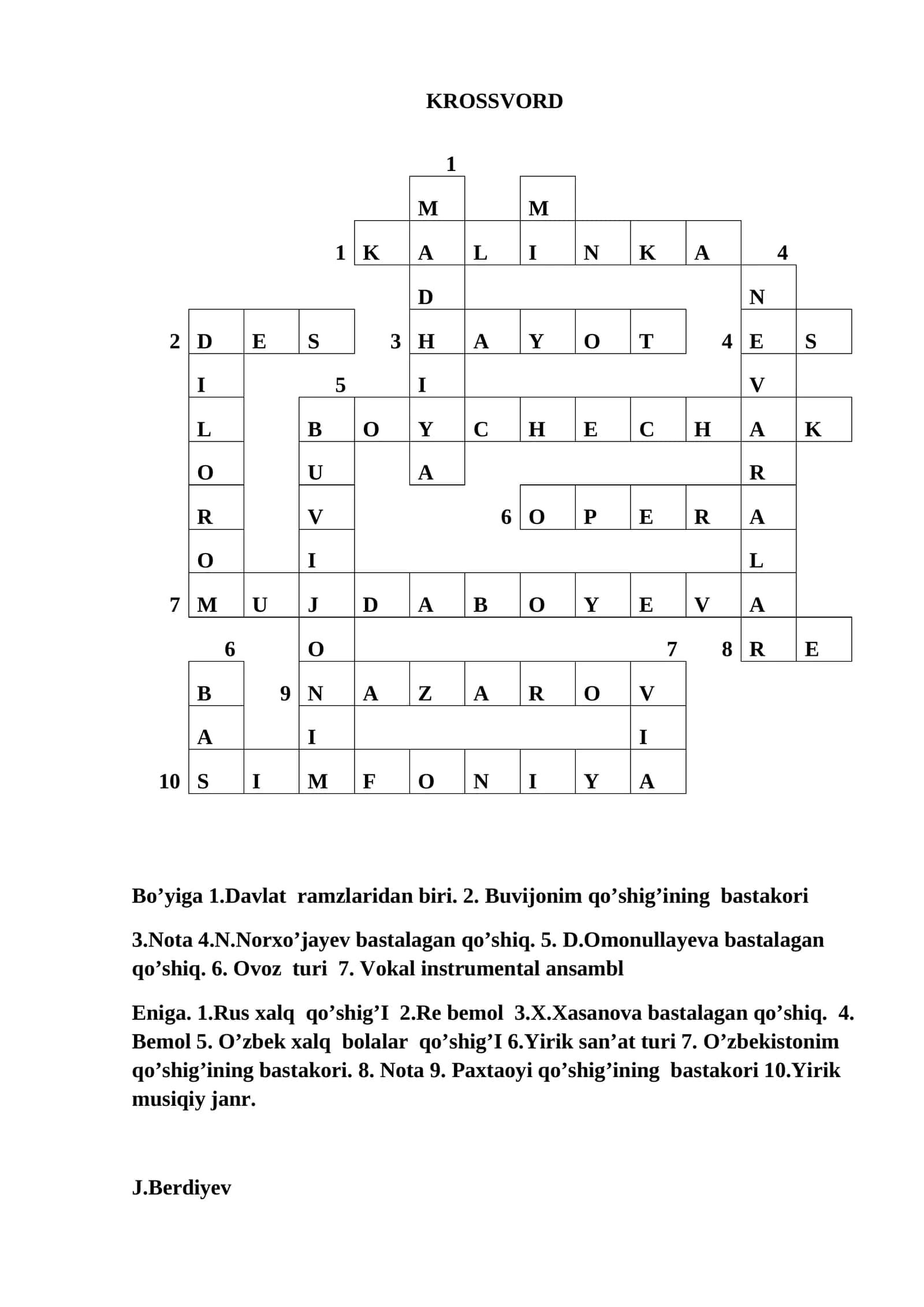 Musiqa fanidan tayyor krossvord