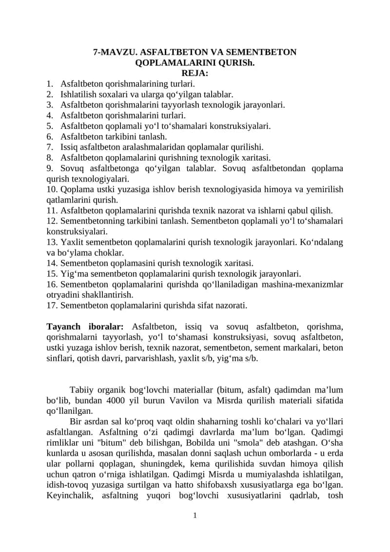 ASFALTBETON VA SEMENTBETON QOPLAMALARINI QURISh