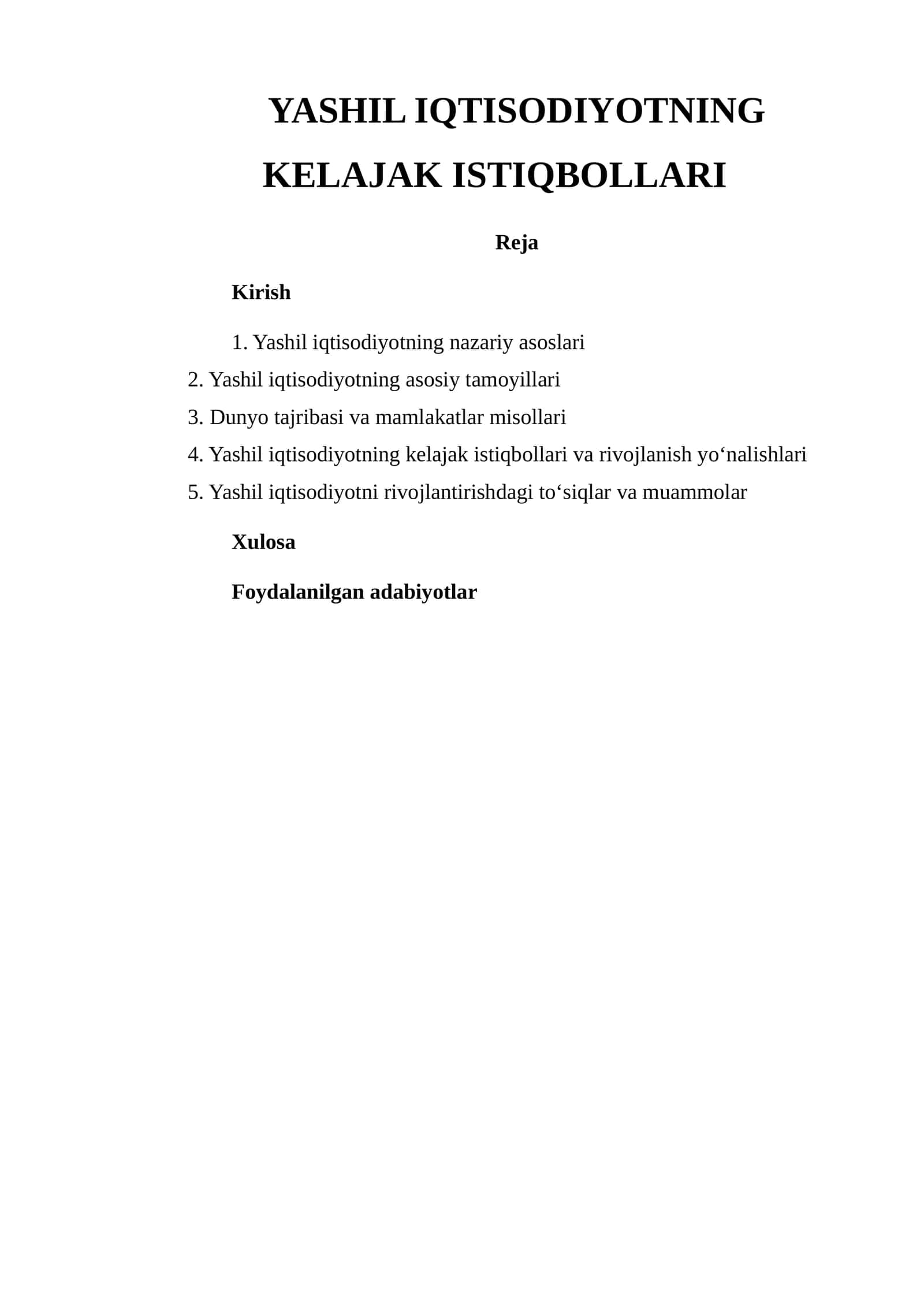 YASHIL IQTISODIYOTNING KELAJAK ISTIQBOLLARI