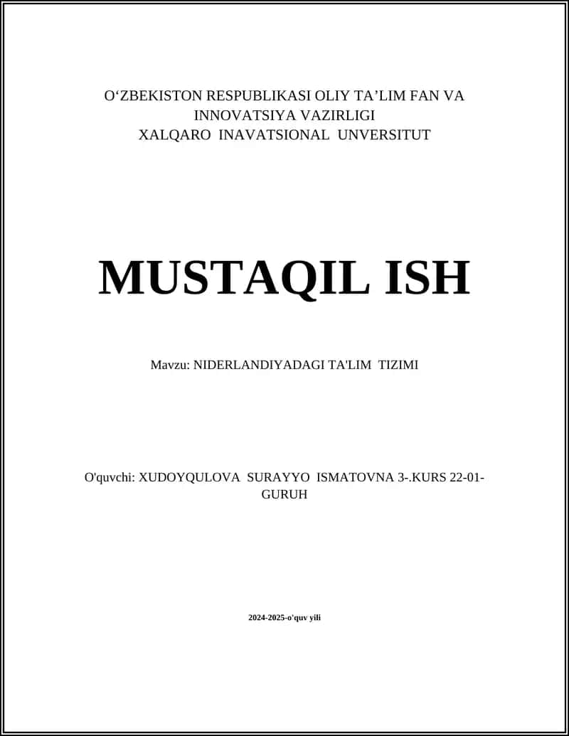 NIDERLANDIYADAGI TA'LIM TIZIMI