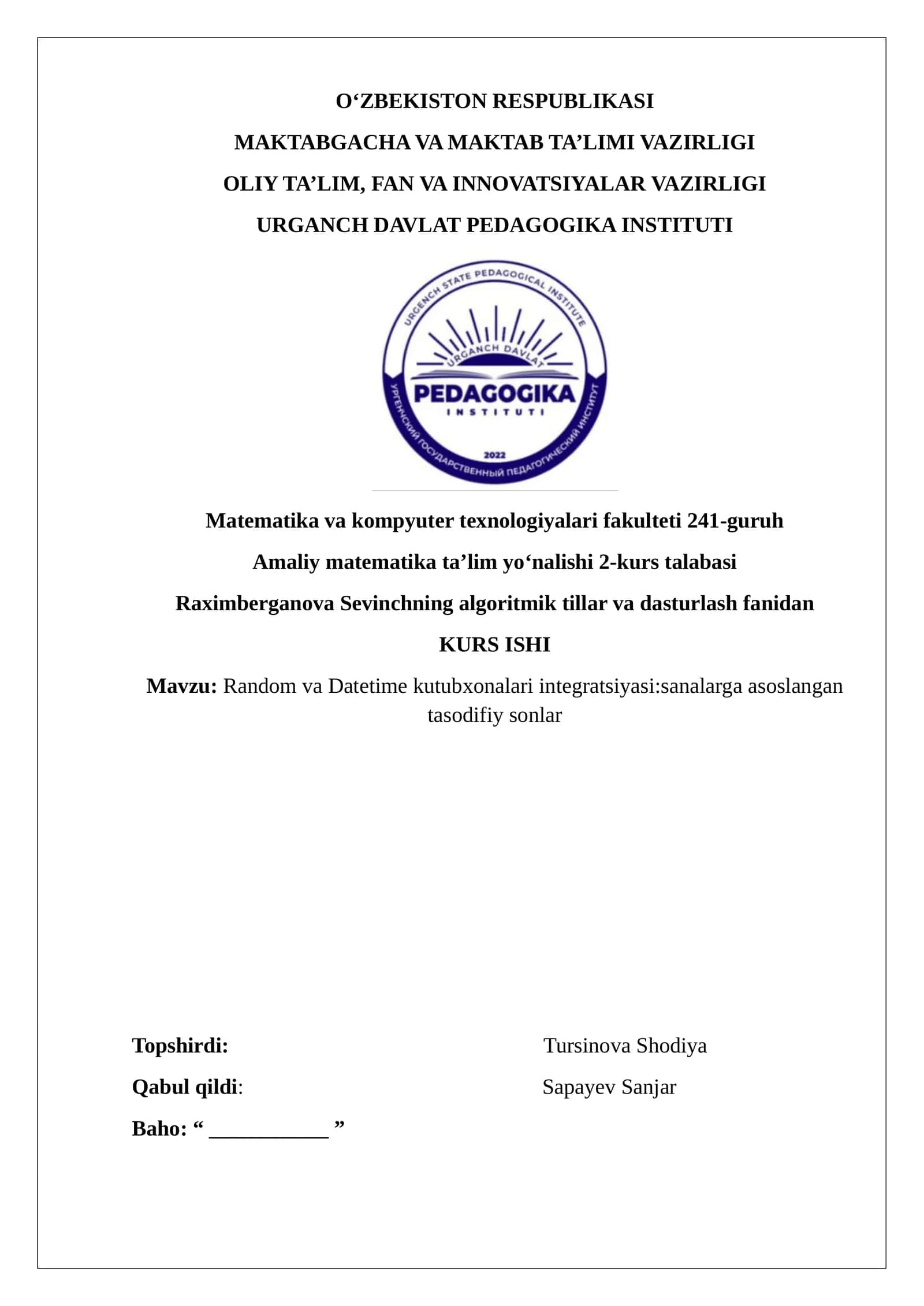 Random va Datetime kutubxonalari integratsiyasi:sanalarga asoslangan tasodifiy sonlar