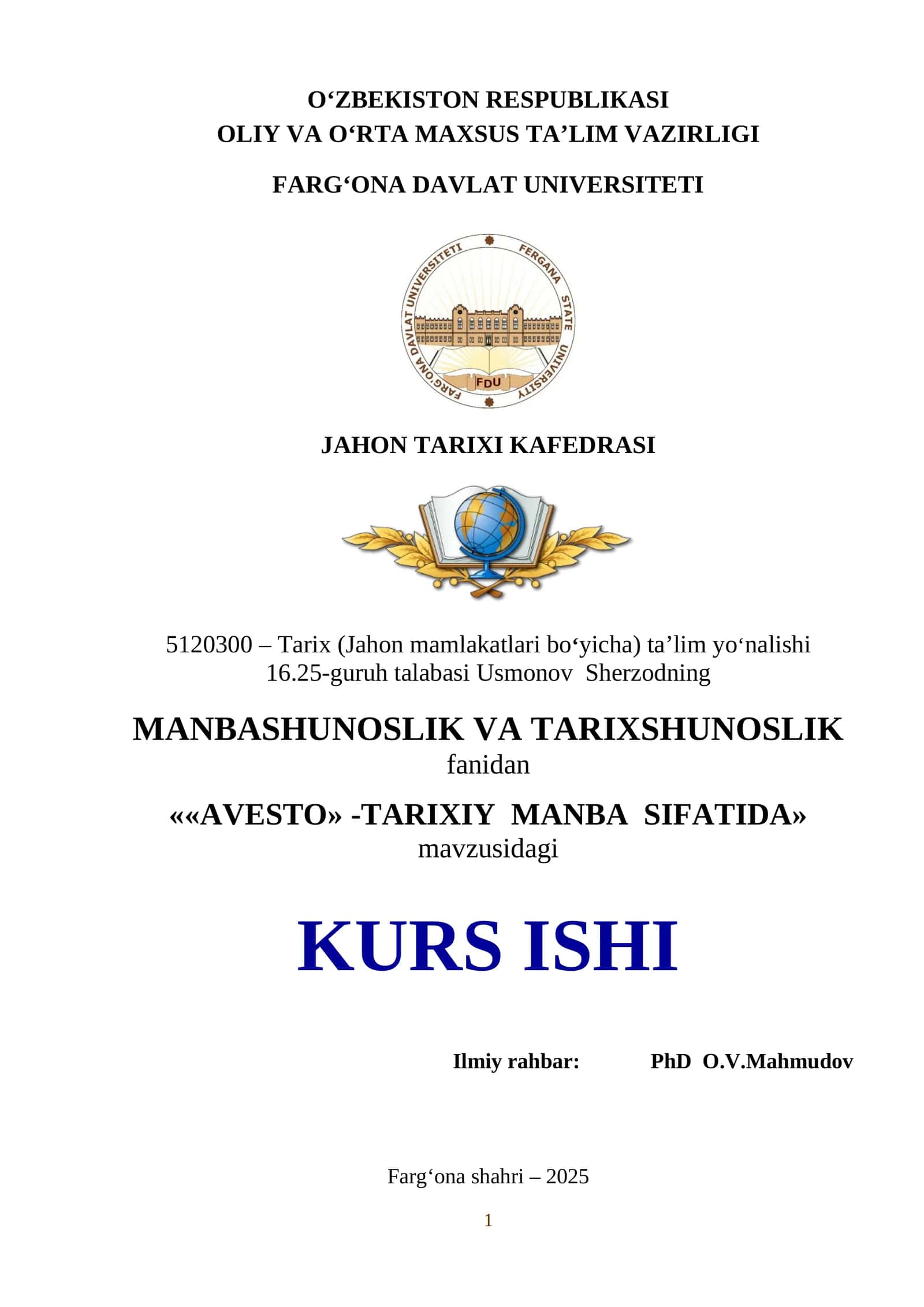 AVESTO» -TARIXIY MANBA SIFATIDA