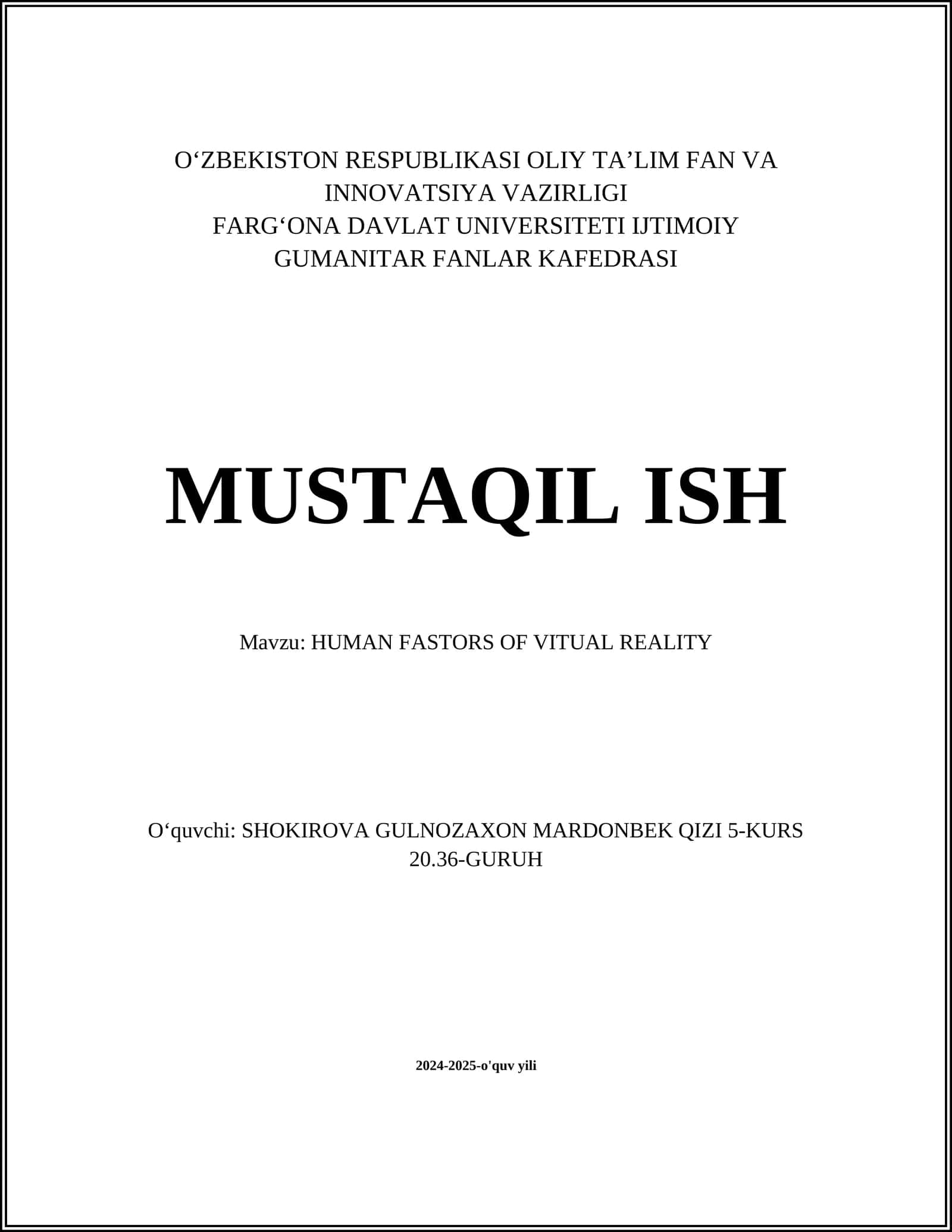 HUMAN FASTORS OF VITUAL REALITY