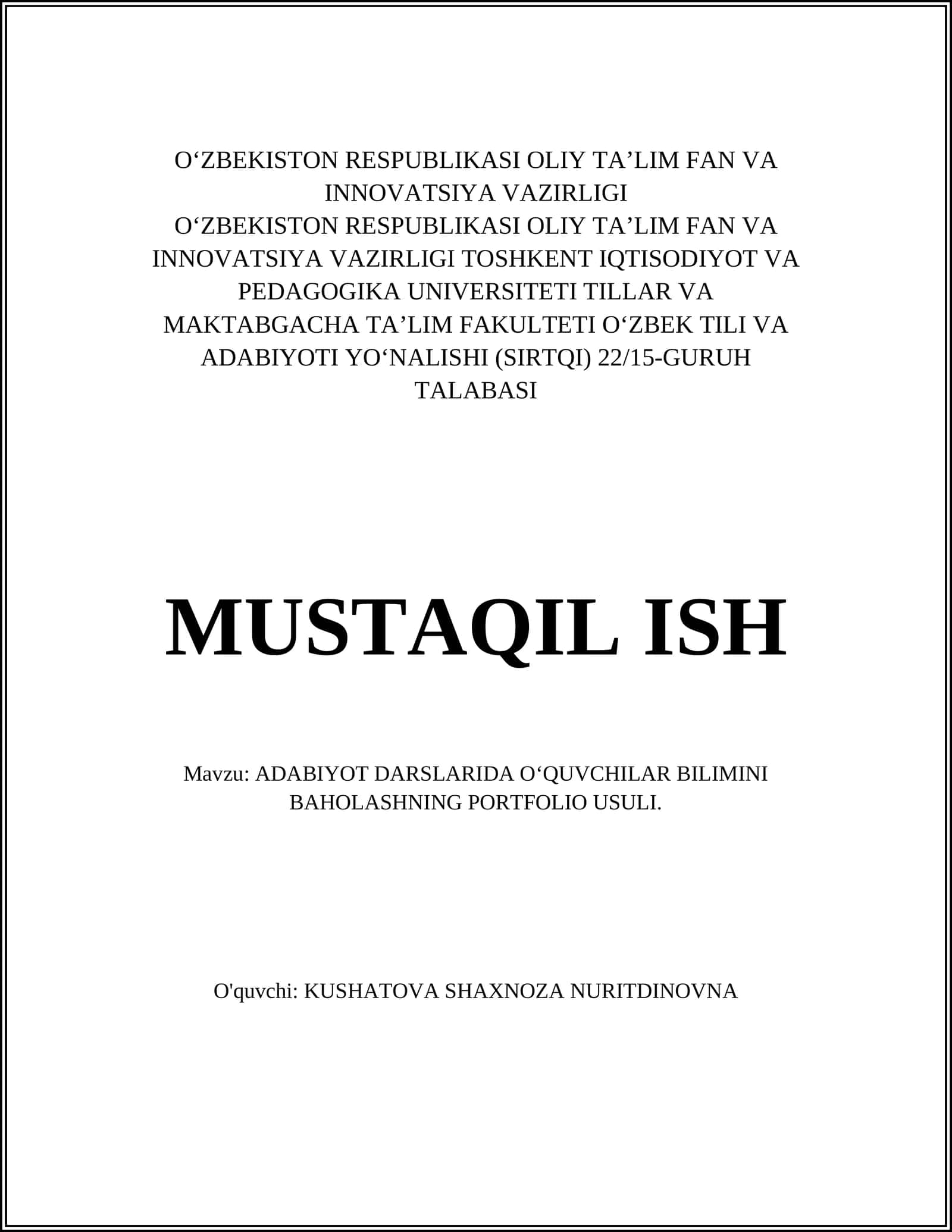 Portfolio usulining nazariy asoslari va maqsadlari adabiyot darslarida