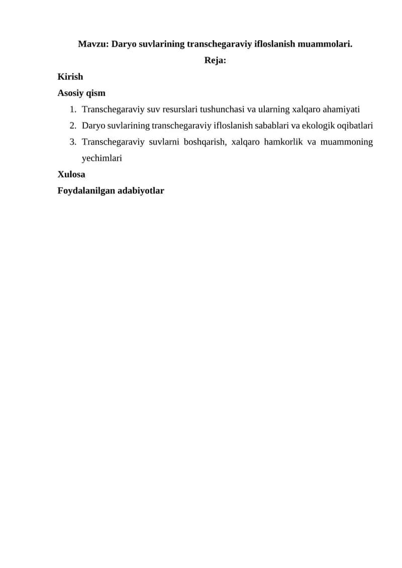 Daryo suvlarining transchegaraviy ifloslanish muammolari
