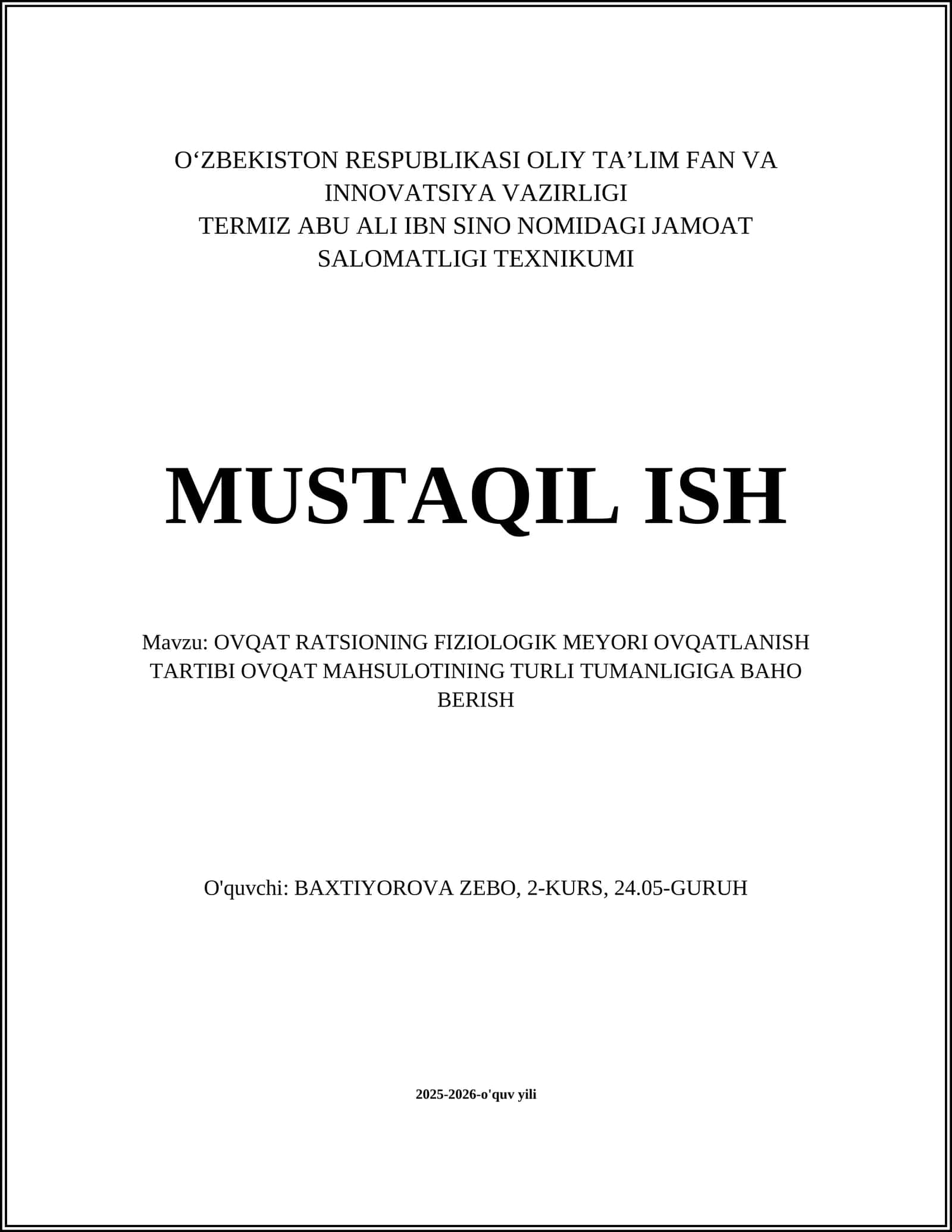 OVQAT RATSIONING FIZIOLOGIK MEYORI OVQATLANISH TARTIBI OVQAT MAHSULOTINING TURLI TUMANLIGIGA BAHO BERISH