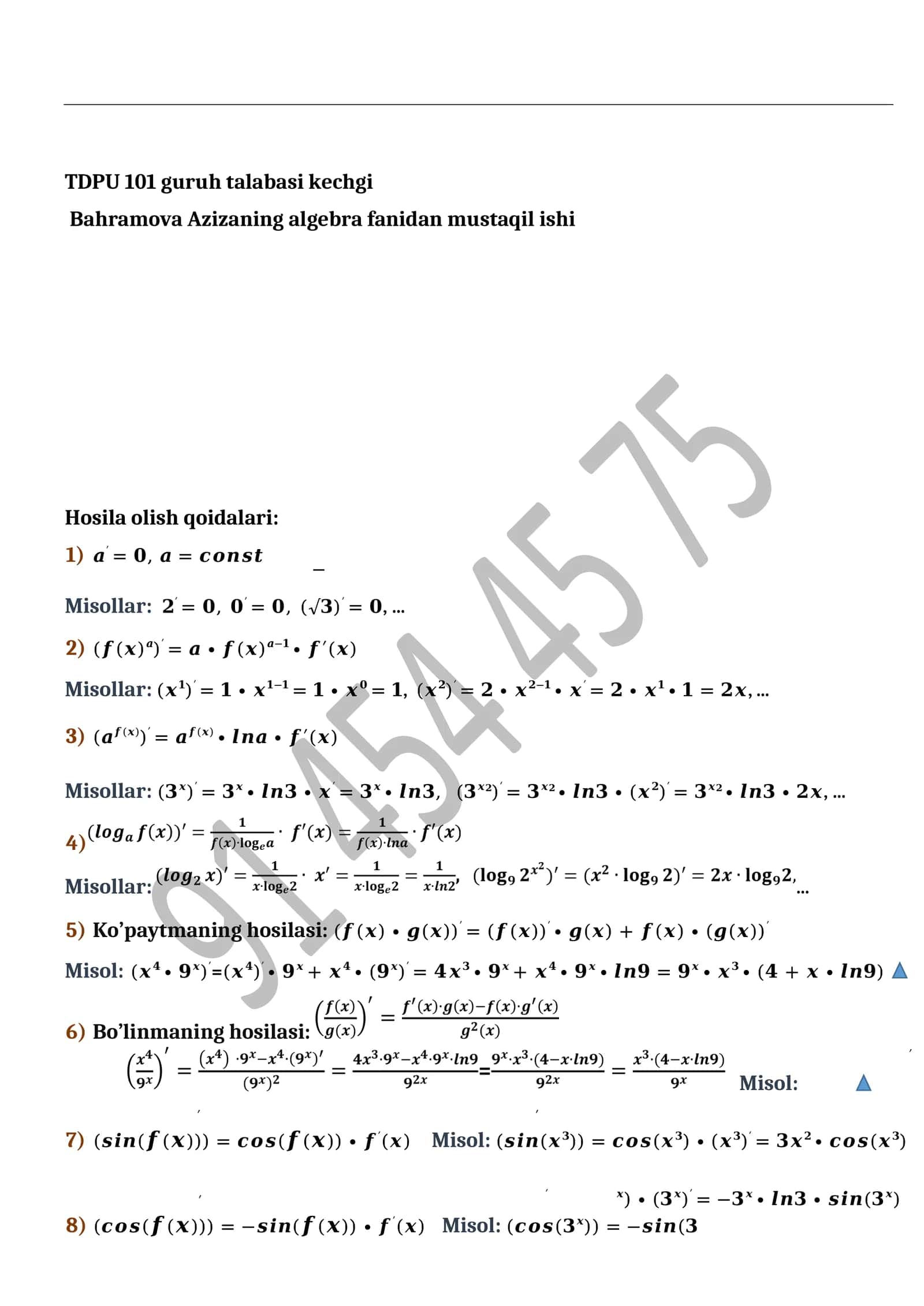 Bahramova Azizaning algebra fanidan mustaqil ishi